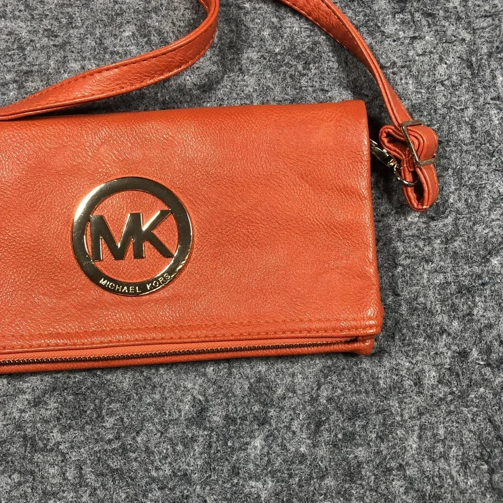 Michael Kors Crossbody Bag Womens Small Orange Leather Logo Zip MK Purse‎